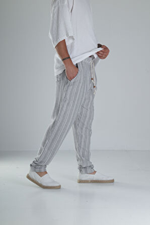 Gri Çizgili Müslin Keten Baggy Pantolon
