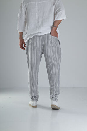Gri Çizgili Müslin Keten Baggy Pantolon
