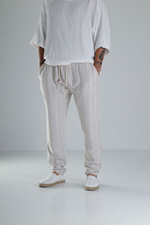 Kahve Çizgili Müslin Keten Baggy Pantolon