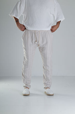Kahve Çizgili Müslin Keten Baggy Pantolon
