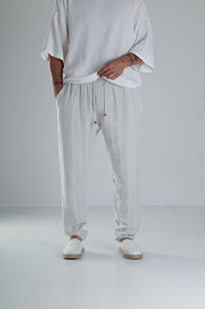 Yeşil Çizgili Müslin Keten Baggy Pantolon