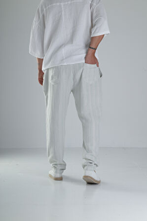 Yeşil Çizgili Müslin Keten Baggy Pantolon