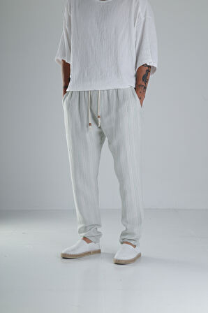Yeşil Çizgili Müslin Keten Baggy Pantolon