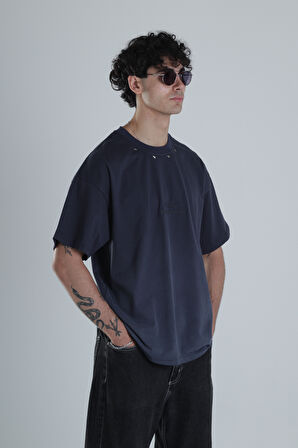 Lacivert Yıldız Detaylı Tasarım Oversize T-Shirt