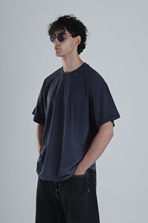 Lacivert Yıldız Detaylı Tasarım Oversize T-Shirt