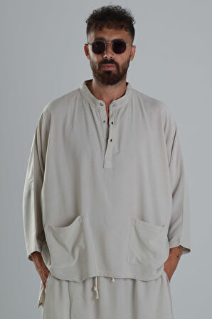 Keten Kumaş Oversize Bej Tasarım T-Shirt
