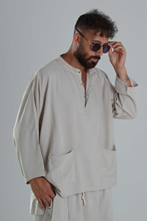 Keten Kumaş Oversize Bej Tasarım T-Shirt