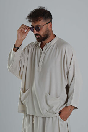 Keten Kumaş Oversize Bej Tasarım T-Shirt
