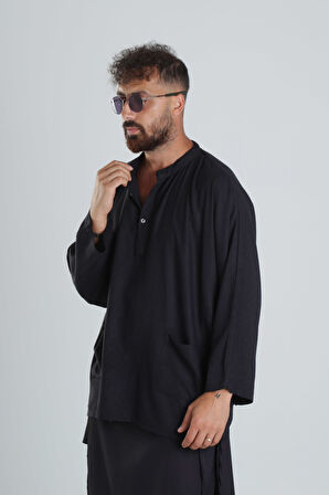 Keten Kumaş Oversize Siyah Tasarım T-Shirt