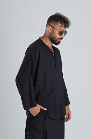 Keten Kumaş Oversize Siyah Tasarım T-Shirt