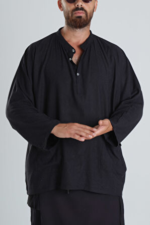 Keten Kumaş Oversize Siyah Tasarım T-Shirt