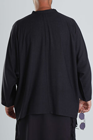 Keten Kumaş Oversize Siyah Tasarım T-Shirt