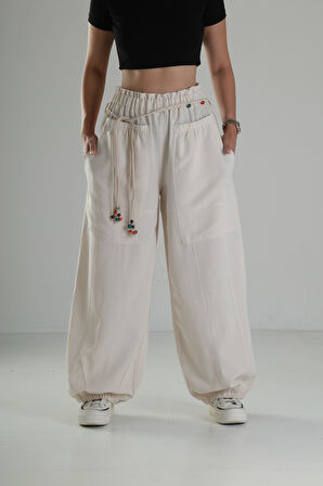Tasarım Keten Bej Baggy Pantolon
