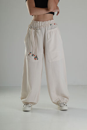 Tasarım Keten Bej Baggy Pantolon