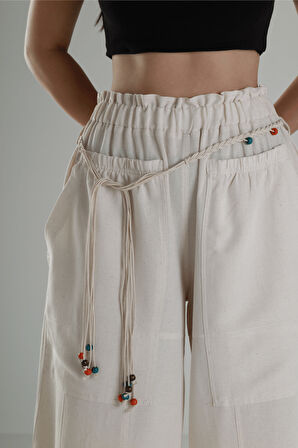 Tasarım Keten Bej Baggy Pantolon