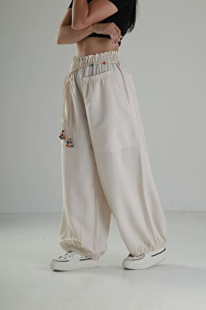 Tasarım Keten Bej Baggy Pantolon