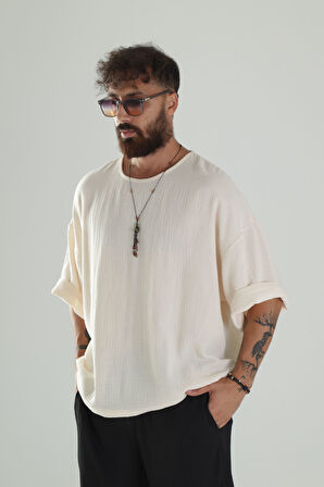 Bej Müslin Kumaş Oversize Fakir Kol T-Shirt