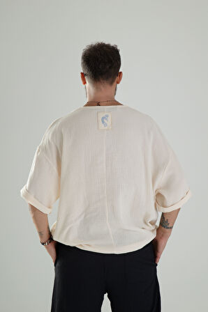 Bej Müslin Kumaş Oversize Fakir Kol T-Shirt