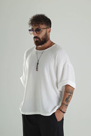 Beyaz Müslin Kumaş Oversize Fakir Kol T-Shirt