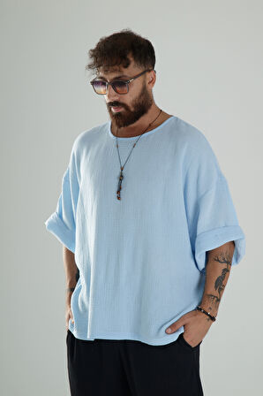 Mavi Müslin Kumaş Oversize Fakir Kol T-Shirt