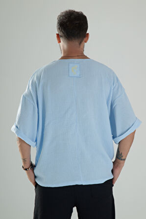 Mavi Müslin Kumaş Oversize Fakir Kol T-Shirt