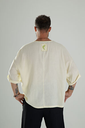 Sarı Müslin Kumaş Oversize Fakir Kol T-Shirt