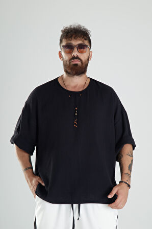 Siyah Müslin Kumaş Oversize Fakir Kol T-Shirt