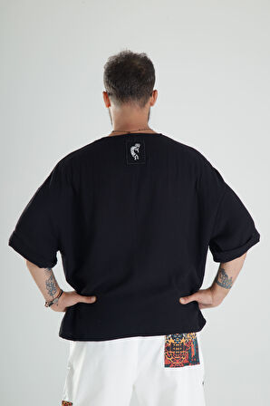 Siyah Müslin Kumaş Oversize Fakir Kol T-Shirt