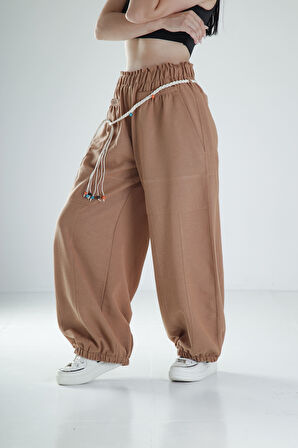 Tasarım Keten Kahverengi Baggy Pantolon