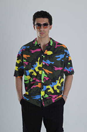Erkek Kamuflaj Desenli Hawai Gömlek