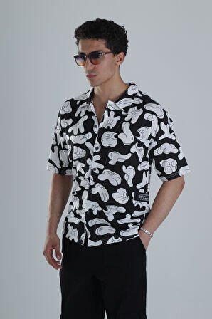 Erkek Siyah Beyaz Desenli Hawai Gömlek