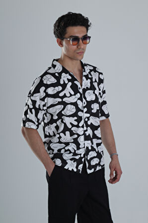 Erkek Siyah Beyaz Desenli Hawai Gömlek