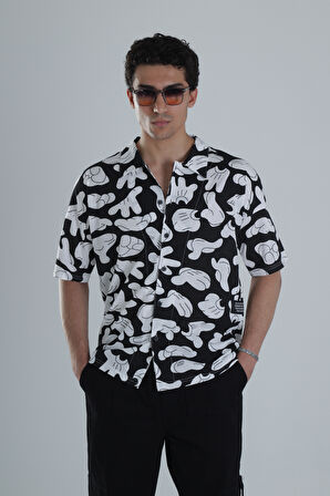 Erkek Siyah Beyaz Desenli Hawai Gömlek
