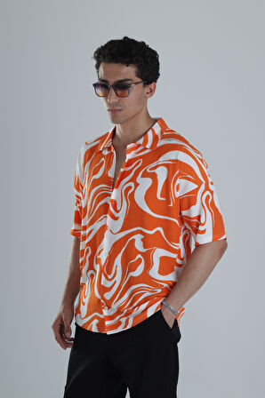 Erkek Turuncu Dalga Desenli Hawai Gömlek