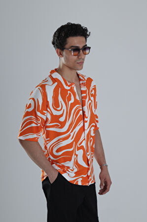 Erkek Turuncu Dalga Desenli Hawai Gömlek