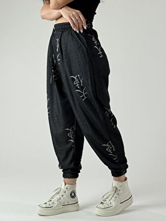 Chinese Desenli Antrasit Kadın Jogger Pantolon COC1001