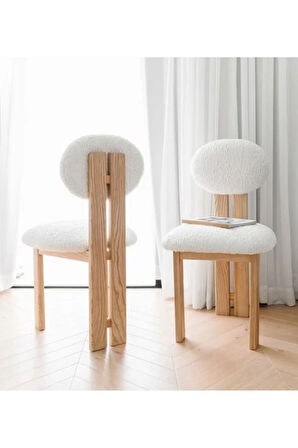 Coco Iskandinav Still Krem Teddy Kumaş Natural Ahşap Bohem Sandalye (1 ADET)