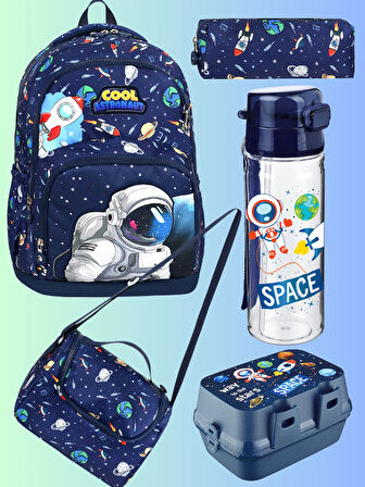 ASTRONOT UZAY Beşli Erkek Çocuk İlkokul Okul Çantası + Termal beslenme seti + Kalemlik + suluk