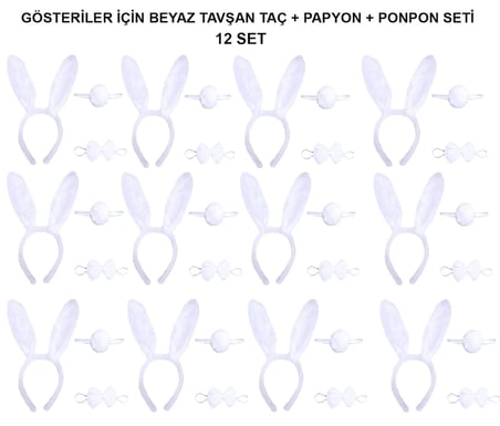 Beyaz Tşan Kostüm Seti – Taç, Papyon, Kuyruk (12’Li Paket)