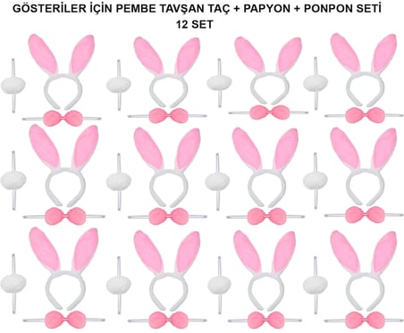 Pembe Tşan Kostüm Seti – Taç, Papyon, Ponpon (12’Li Paket)