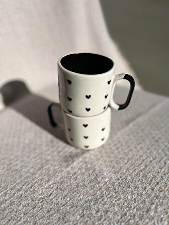 SİYAH KALP DESENLİ Seramik Kupa Fincan Bardak Mug Seramik Double Türk Kahve Fincanı