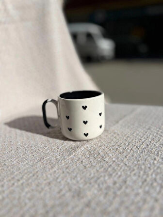 SİYAH KALP DESENLİ Seramik Kupa Fincan Bardak Mug Seramik Double Türk Kahve Fincanı