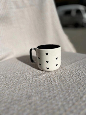 SİYAH KALP DESENLİ Seramik Kupa Fincan Bardak Mug Seramik Double Türk Kahve Fincanı