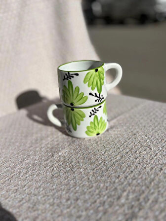 YEŞİL ÇİÇEK Seramik Kupa Fincan Bardak Mug Seramik Double Türk Kahve Fincanı
