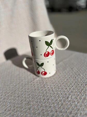 KİRAZ DESENLİ Seramik Kupa Fincan Bardak Mug Seramik Double Türk Kahve Fincanı 