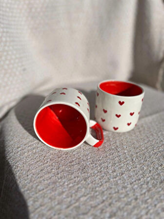 KIRMIZI KALP DESENLİ Seramik Kupa Fincan Bardak Mug Seramik Double Türk Kahve Fincanı