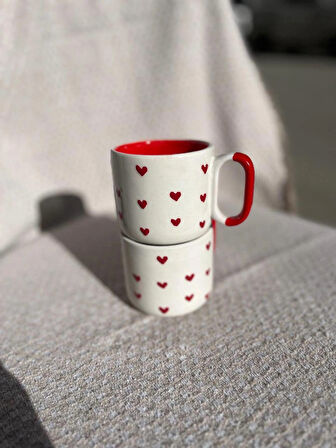 KIRMIZI KALP DESENLİ Seramik Kupa Fincan Bardak Mug Seramik Double Türk Kahve Fincanı