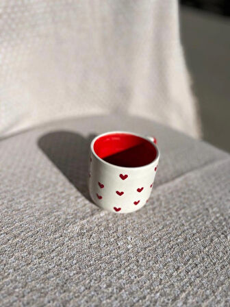 KIRMIZI KALP DESENLİ Seramik Kupa Fincan Bardak Mug Seramik Double Türk Kahve Fincanı