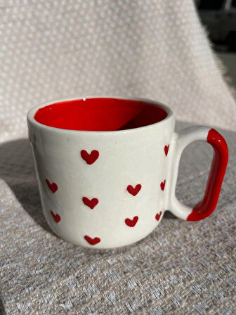 KIRMIZI KALP DESENLİ Seramik Kupa Fincan Bardak Mug Seramik Double Türk Kahve Fincanı
