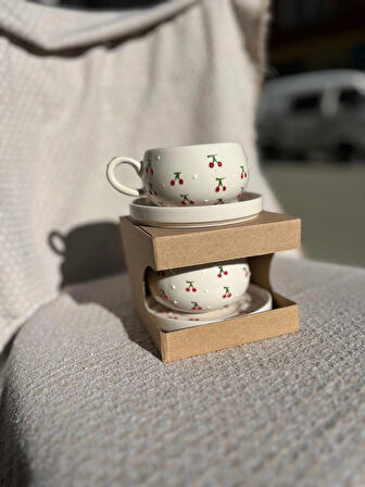 KİRAZ DESENLİ Seramik Kupa Fincan Bardak Mug Seramik Double Türk Kahve Fincanı 